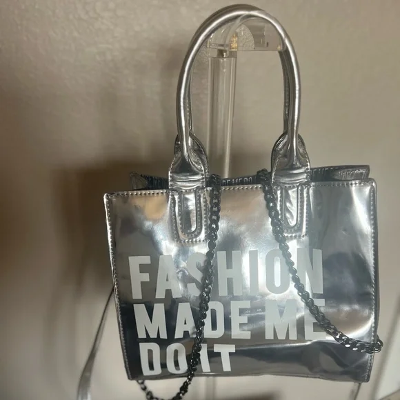 Silver Metallic Statement Tote Bag Fashion Made Me Do ItChain Strap GUNMETAL - Picture 3 of 9